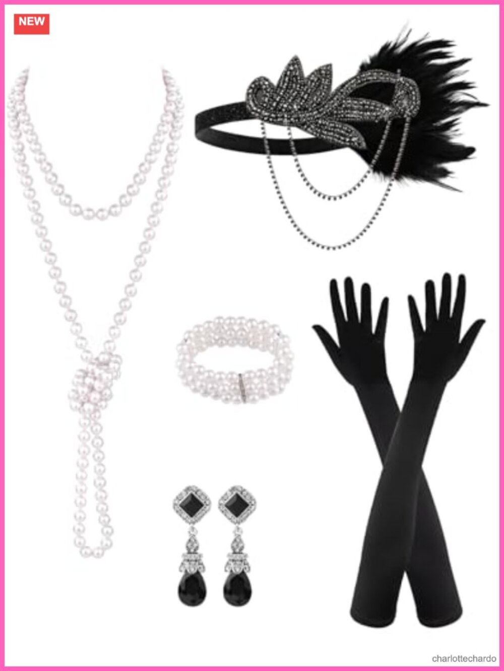 6 Pc 1920s Flapper Accessory Set Great Gatsby Costume Gloves Headband Pearl